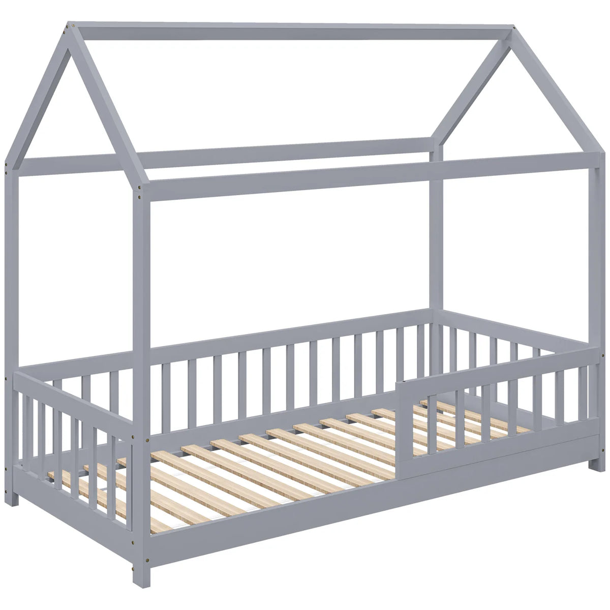 HOMCOM House-Shaped Kids Single Bed Frame with Guard Rails – Solid Pine, Grey