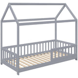 HOMCOM House-Shaped Kids Single Bed Frame with Guard Rails – Solid Pine, Grey