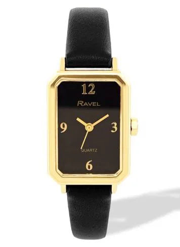 Ravel Ladies Rectangular Watch, Polished Gold-Tone Case, Black Faux Leather Strap, 16mm