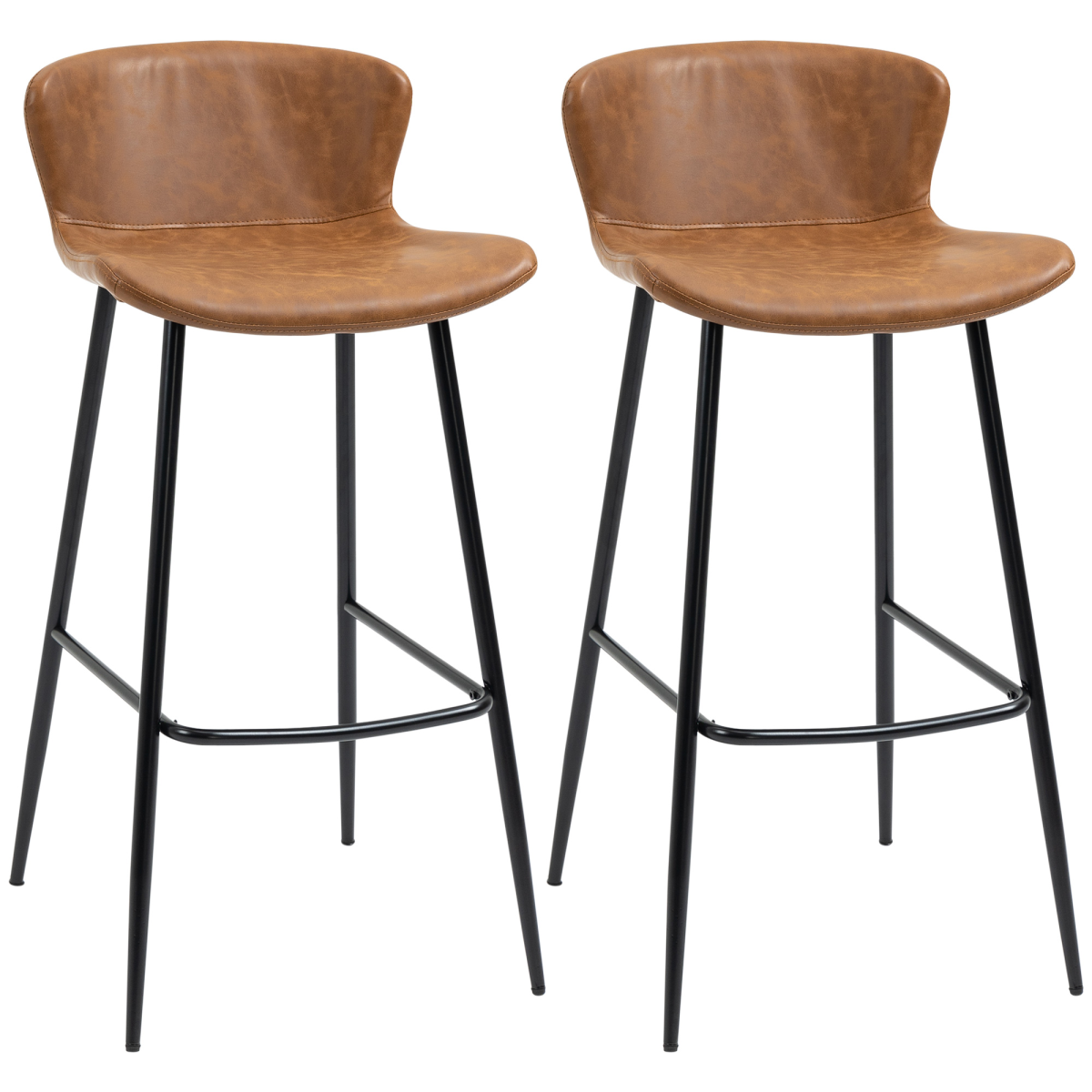 HOMCOM Set of 2 Retro Bar Stools with Back, Footrest & Steel Legs – PU Leather Bar Chairs