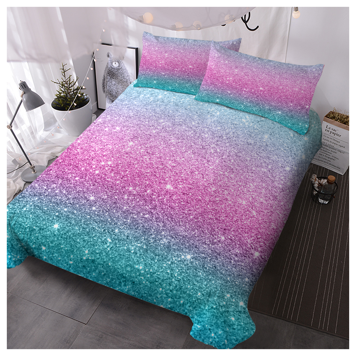 Rainbow Glitter Ombre Duvet Cover Set with 2 Pillow Shams – Unicorn Pastel Single Bedding
