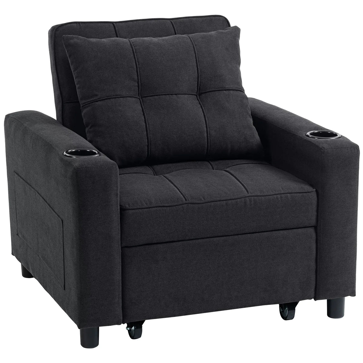 HOMCOM 3-in-1 Single Sofa Bed with Three-Level Back, Cup Holders and Pillow – Convertible Sleeper Chair Bed, Black