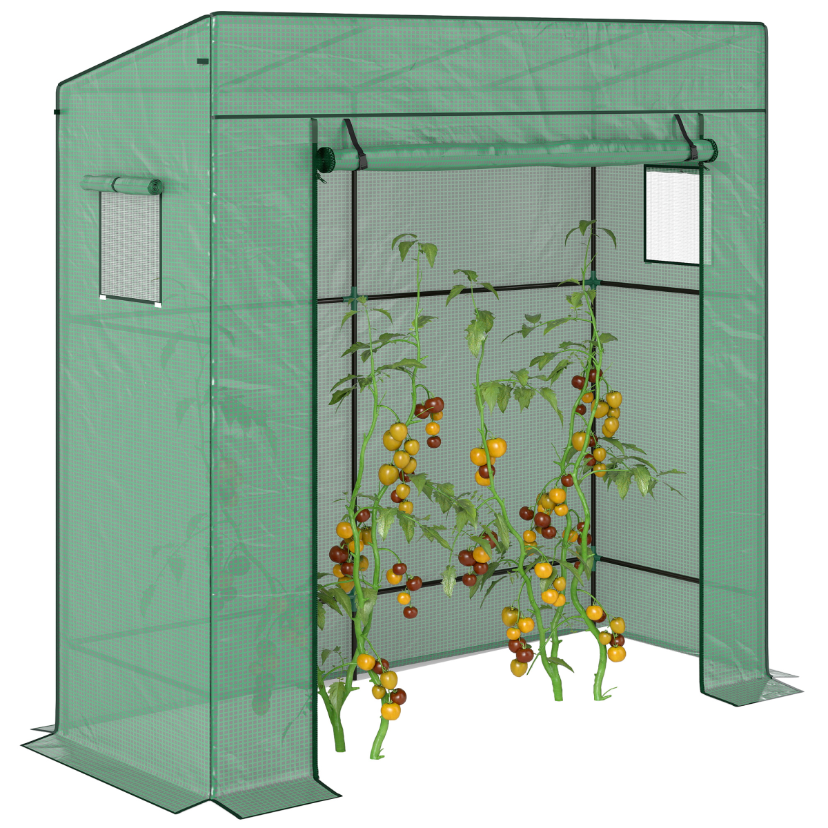 Outsunny Lean-to Walk-in Greenhouse with Roll-up Door, PE Cover & Mesh Windows – Plant Protection, Green
