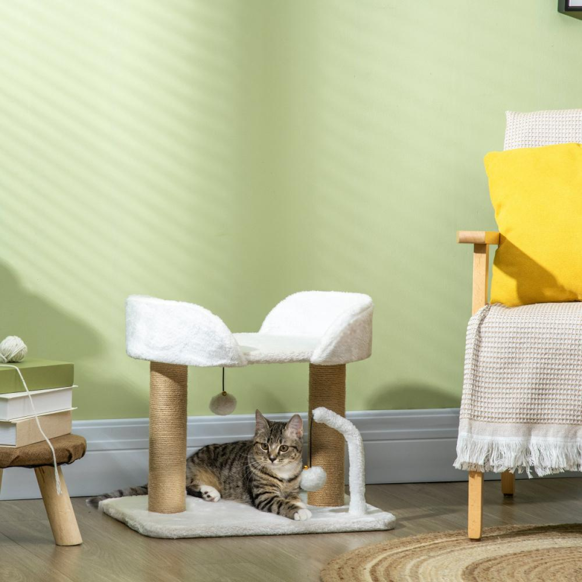Cat Tree with Plush Perch, Jute Scratching Post and Hanging Balls – Compact Cat Tower, White