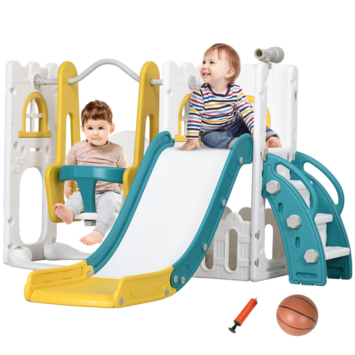 AIYAPLAY 6 in 1 Toddler Climber and Slide Set with Swing, Basketball Hoop & Telescope – Ages 1-3, Yellow