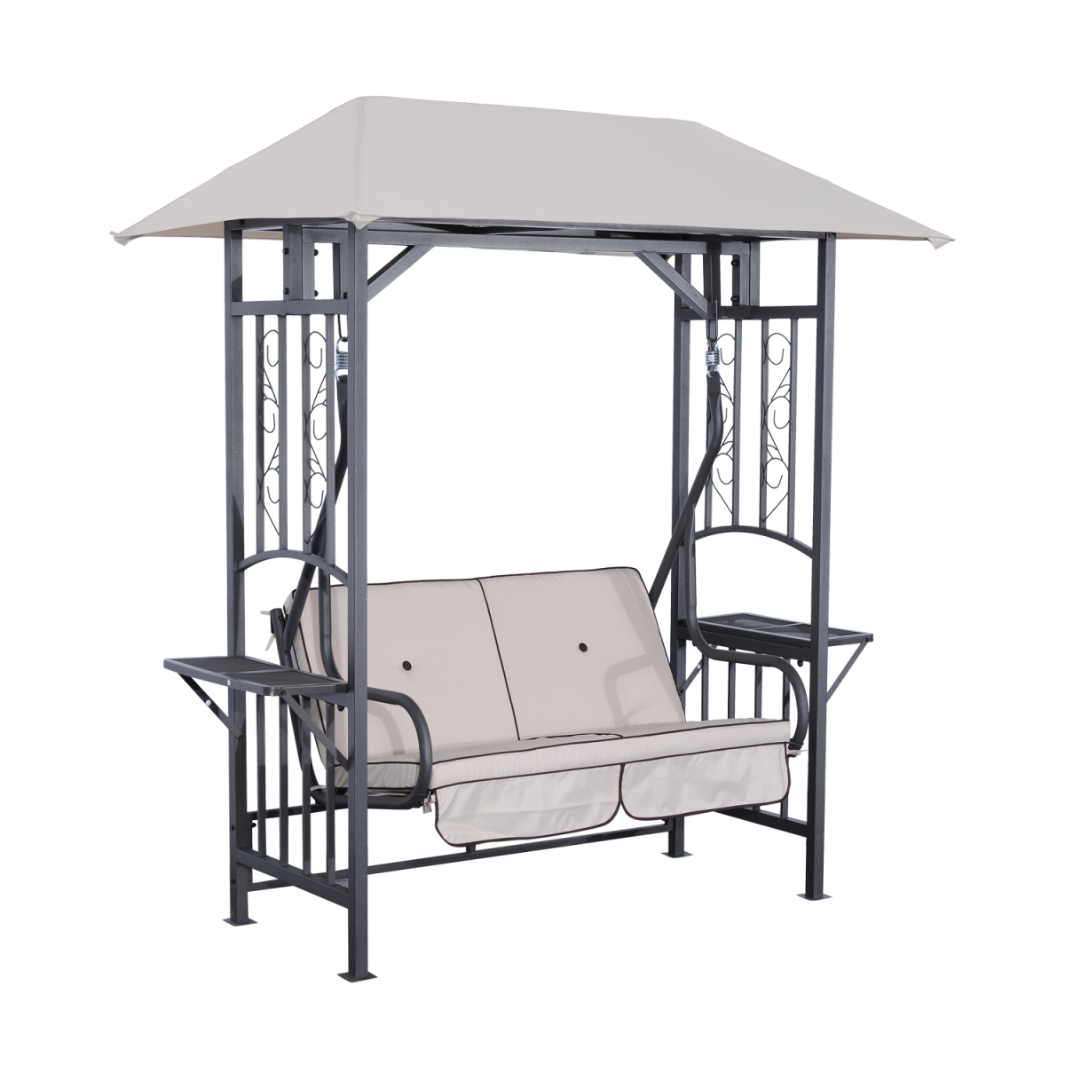 Outsunny 2-Seater Canopy Swing Chair with Side Tables & Cushions – 2-in-1 Garden Gazebo Swing, Steel Frame
