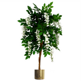 Leaf Luxury Artificial Wisteria Tree, 130cm with White Flowers & Gold Metal Planter – Premium Realistic Faux Tree