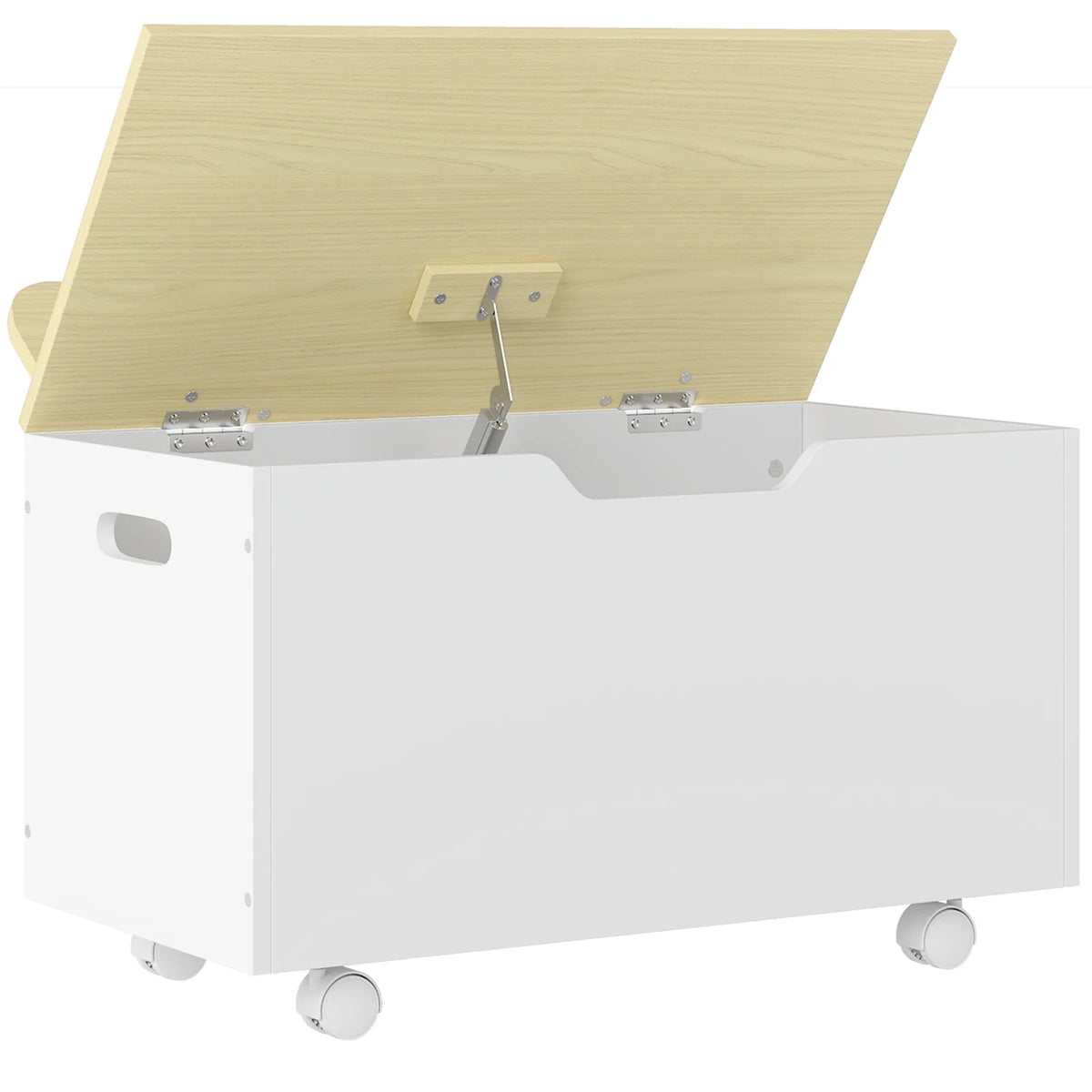 AIYAPLAY Toy Box with Lid, Wheels & Safety Hinges – White Rolling Toy Chest for Playroom & Bedroom