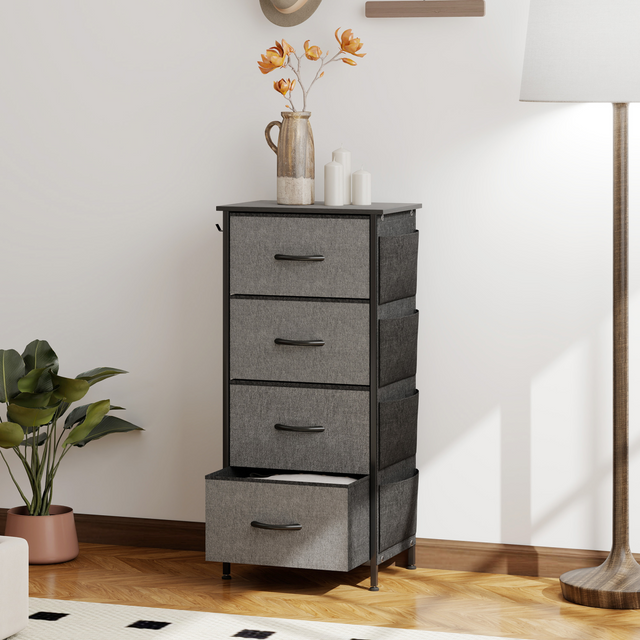 Wood storage chest of four drawers with side pockets