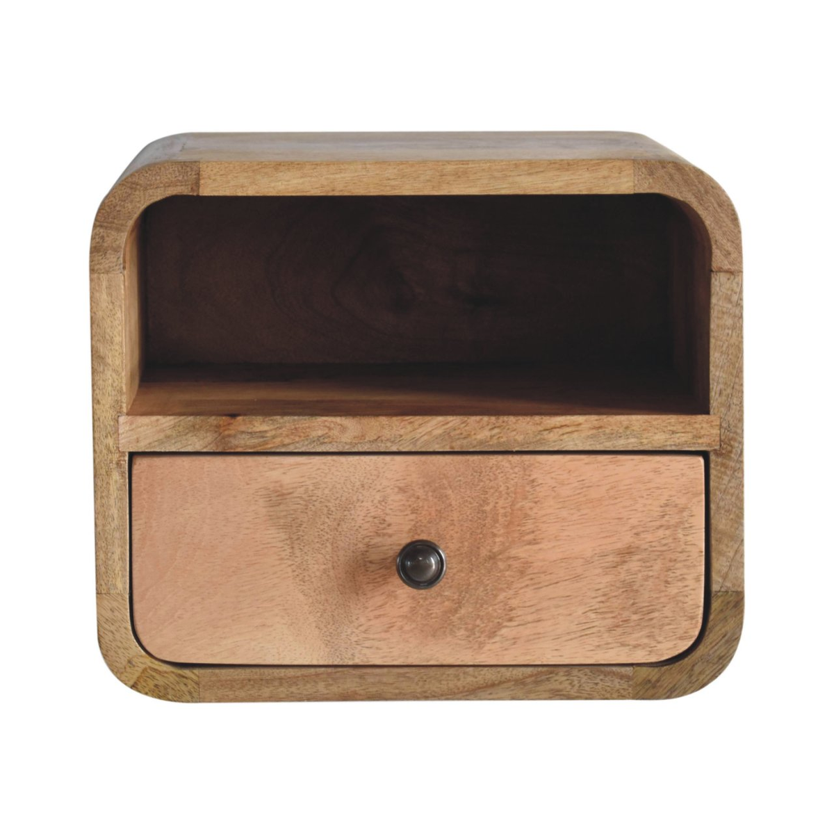 Artisan Furniture Extra Mini Wall Mounted Curved Bedside Table, 1 Drawer & Open Shelf – Solid Mango Wood