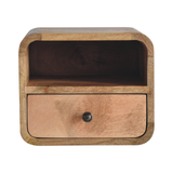 Artisan Furniture Extra Mini Wall Mounted Curved Bedside Table, 1 Drawer & Open Shelf – Solid Mango Wood