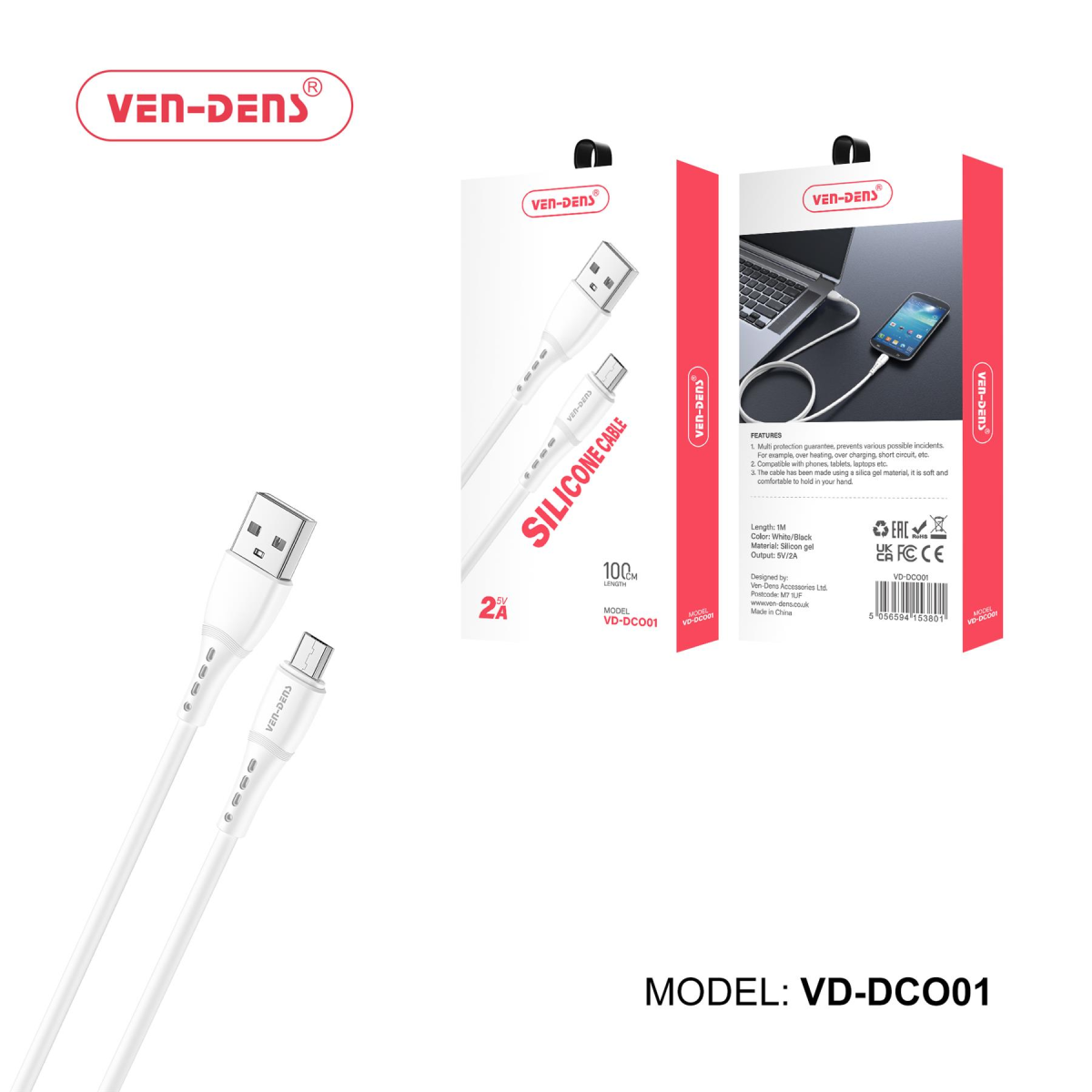 Ven-Dens 2A 5V USB-A to Micro USB Silicone Cable – 1 Metre Charging and Data Lead