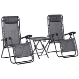 Outsunny 3-Piece Zero Gravity Chairs & Side Table Set with Cup Holders – Foldable Sun Loungers, Light Grey