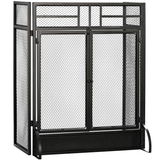 HOMCOM 3-Panel Folding Fireplace Screen with Spark Guard and Metal Mesh Fireguard – Double Access Door, Black