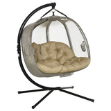 Outsunny Double Hanging Egg Chair with Cushion and Stand – 2-Seater Garden Swing Hammock, Brown