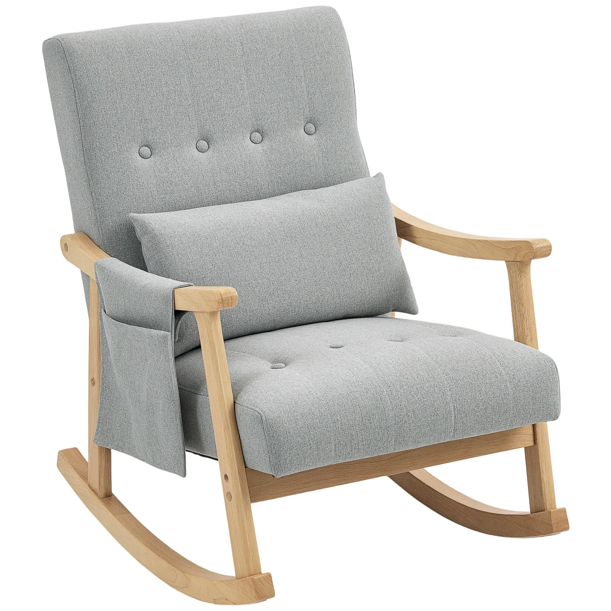 HOMCOM Wood Frame Rocking Accent Chair with 35° Rocking Base, Thick Padding and Side Pocket – Light Grey