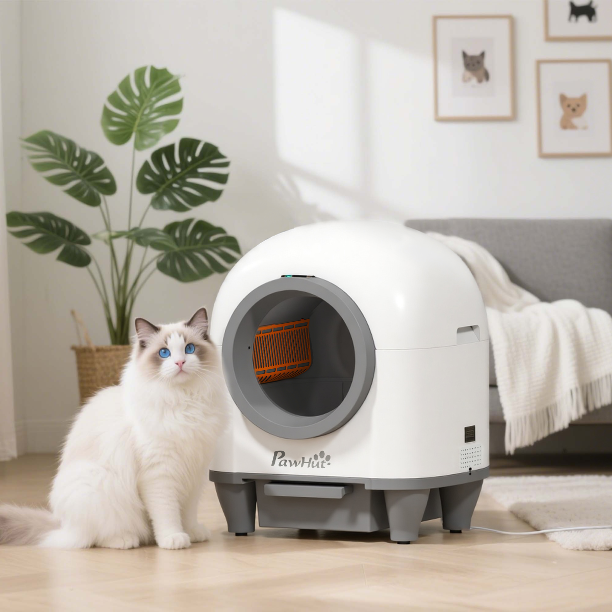 Self-Cleaning Cat Litter Box with App Control, 12 Safety Sensors & 80L Capacity – Automatic Scooping, White & Grey