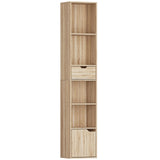 HOMCOM 6-Tier Tall Narrow Bookcase with Drawer, Cupboard and Anti-Tip Kit – Natural Wood Finish