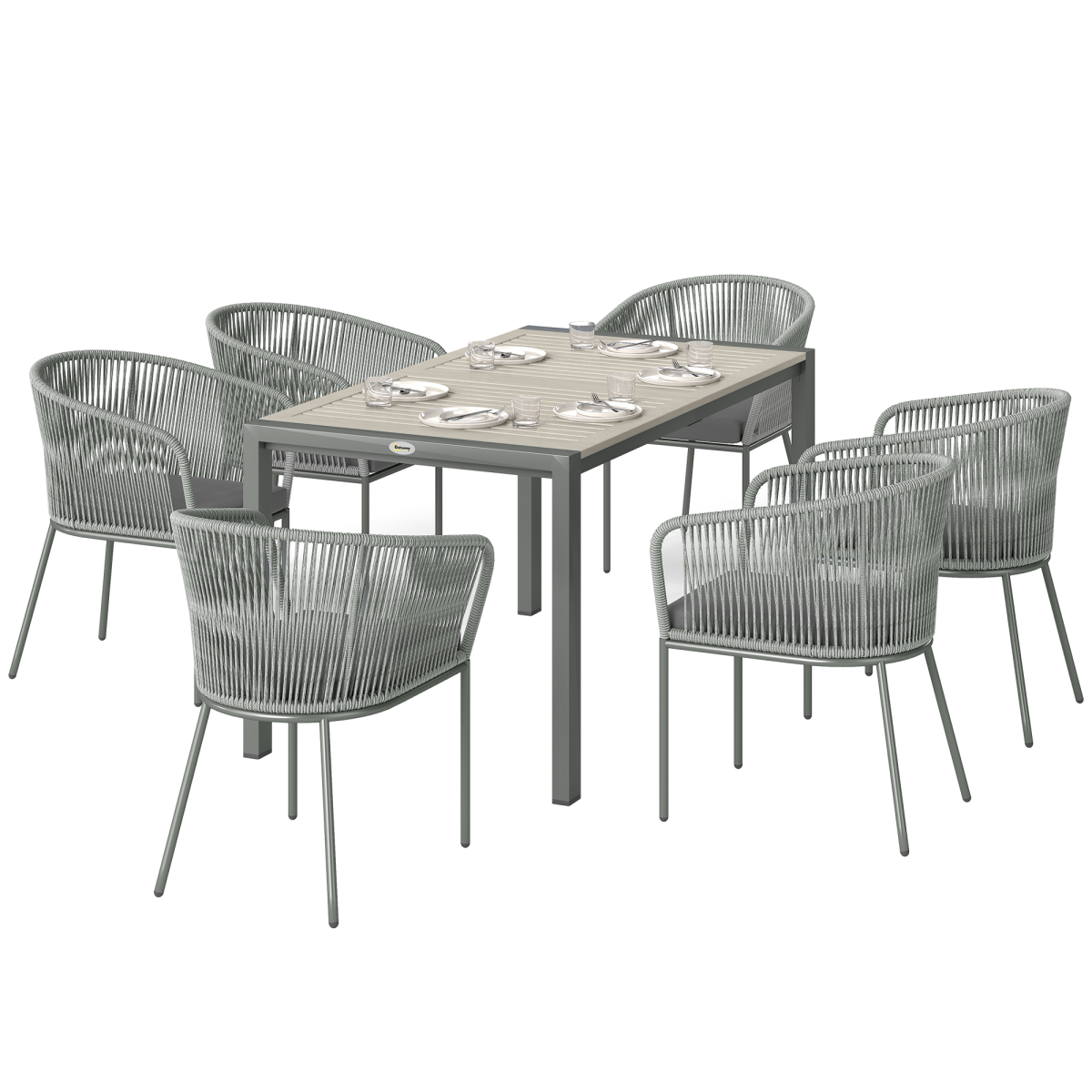 Outsunny 6-Seater PE Rattan Garden Dining Set with Acacia Wood Table & Cushions – Outdoor Furniture, Grey