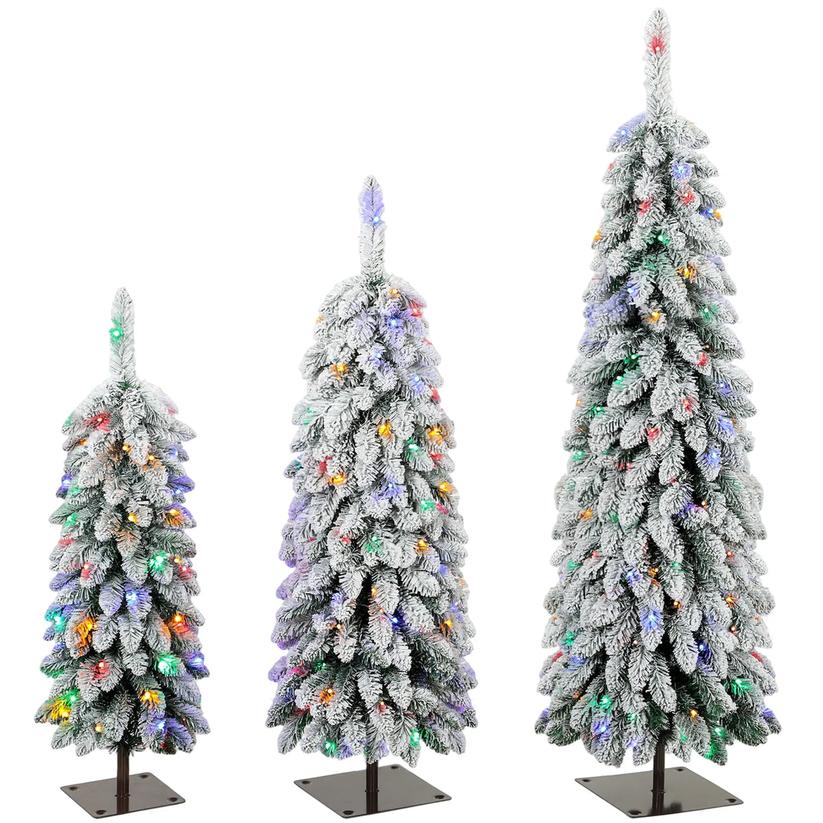HOMCOM Set of 3 Snowy Pre-Lit Pencil Christmas Trees, 90, 120 and 150 cm, Multicolour Lights