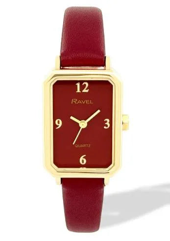 Ravel Ladies Rectangular Gold-Tone Watch with Maroon Faux Leather Strap