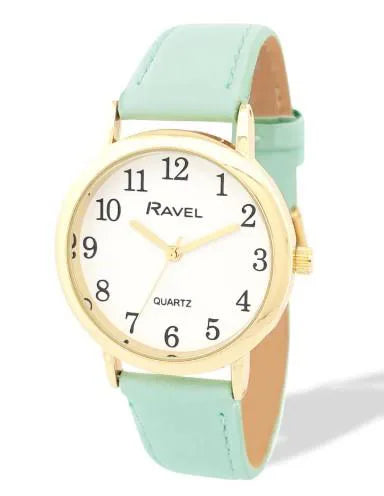 Ravel Ladies Gold-Tone Watch with White Dial and Green Faux Leather Strap, Medium Case