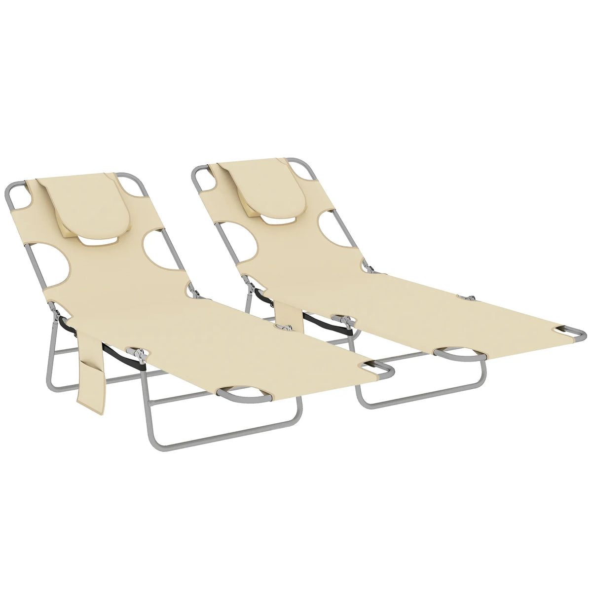 Outsunny Set of 2 Folding Sun Loungers with 5-Position Backrest, Face Hole and Side Pocket, Beige