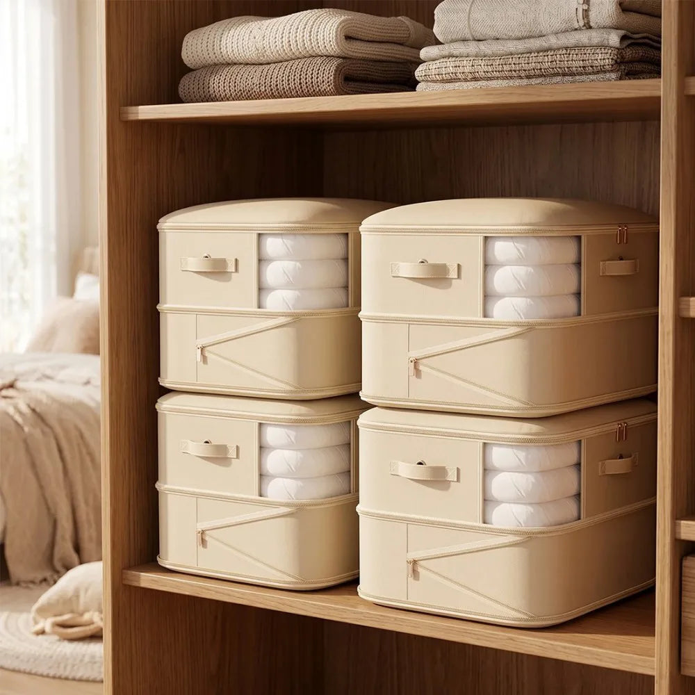 4 Zippered Foldable Clothes Storage Bags with Clear Window & Reinforced Handles – Large Bedding Storage, Beige