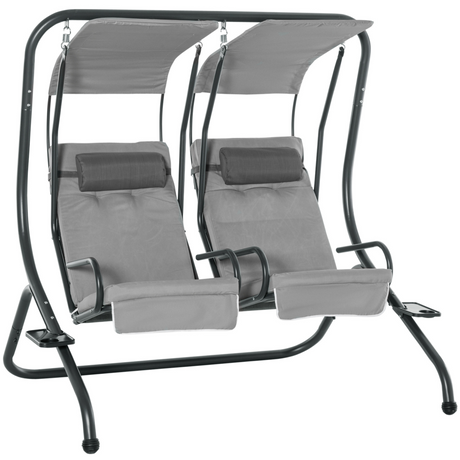 Grey canopy double swing with two chairs