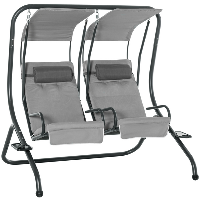 Grey canopy double swing with two chairs