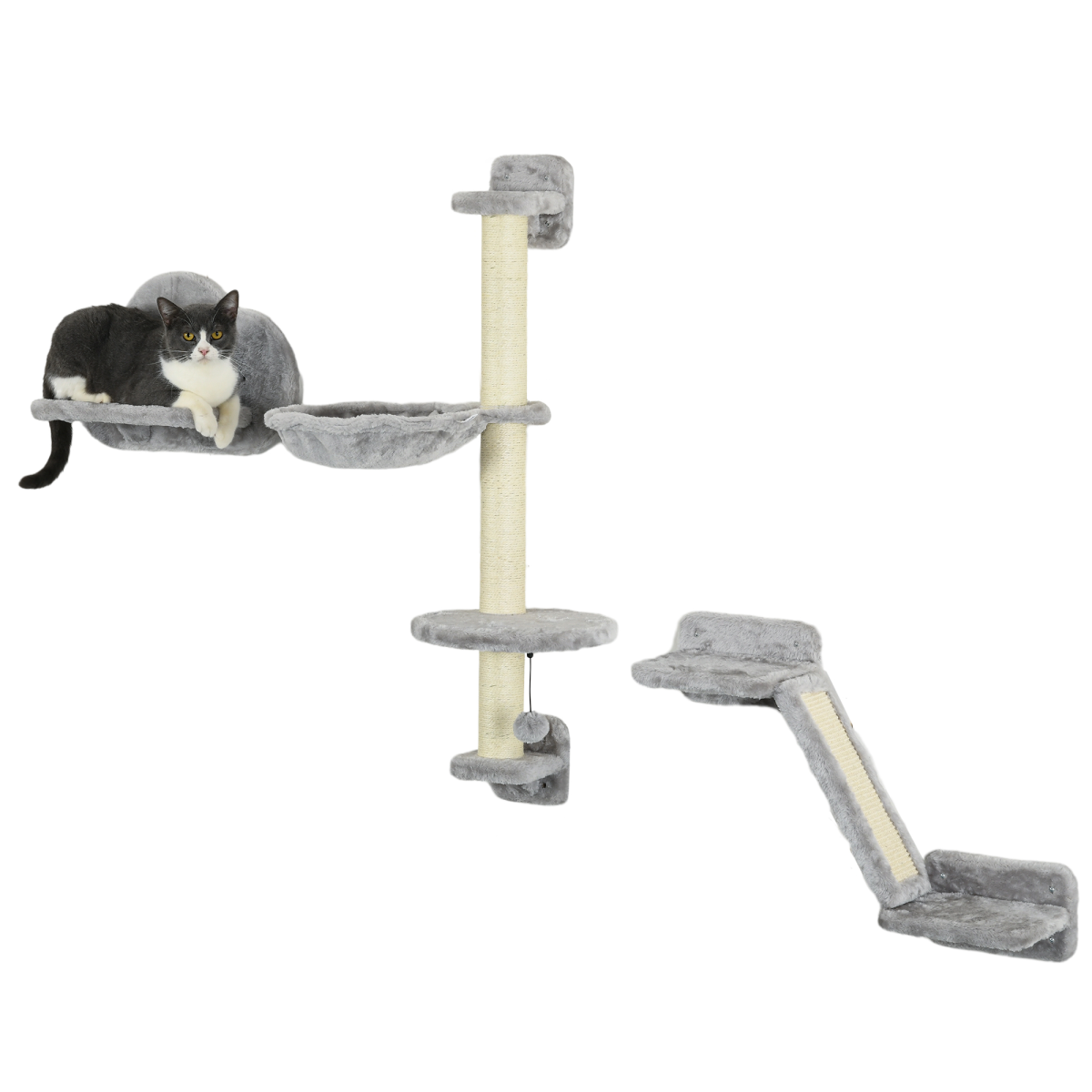 PawHut Cat Wall Furniture with Hammock, Platforms, Ladder and Scratching Post – Wall-Mounted Cat Climbing Set, Grey