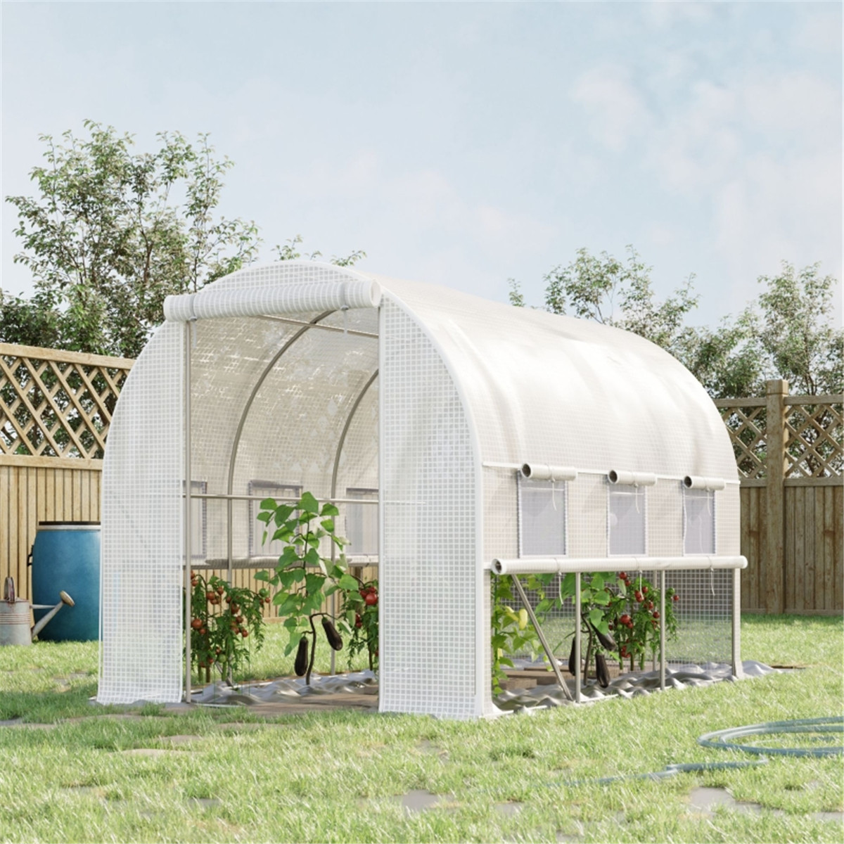 Walk-In Tunnel Greenhouse with Galvanised Steel Frame, Roll-Up Doors & Windows – UV-Protective PE Cover, White
