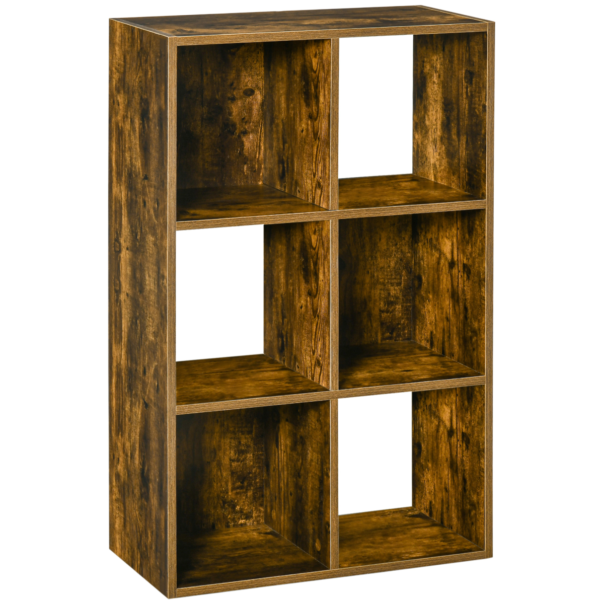 HOMCOM Industrial Style 3-Tier Storage Shelf Bookcase with 6 Open Compartments – Anti-Tip, Rustic Brown