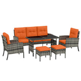 Outsunny 6 Piece Rattan Garden Sofa and Dining Set with Glass Table and Cushions, Orange