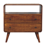 Artisan Furniture Solid Wood Curved Nordic Charm Chest with 2 Drawers and Shelf – Mid-Century, Dark Brown