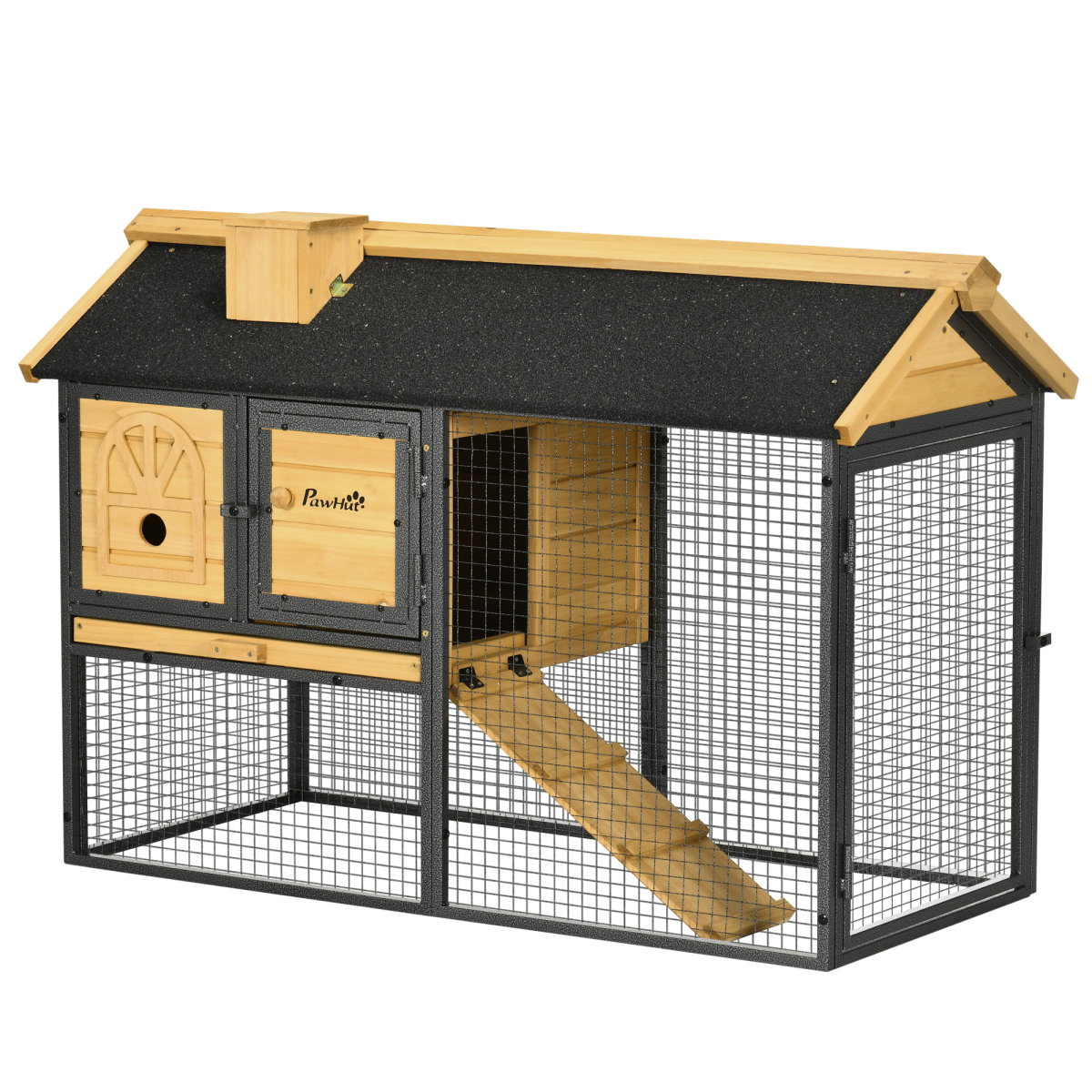 PawHut Two-Tier Outdoor Rabbit Hutch with Run, Removable Tray & Asphalt Roof – Wood and Steel Bunny Cage