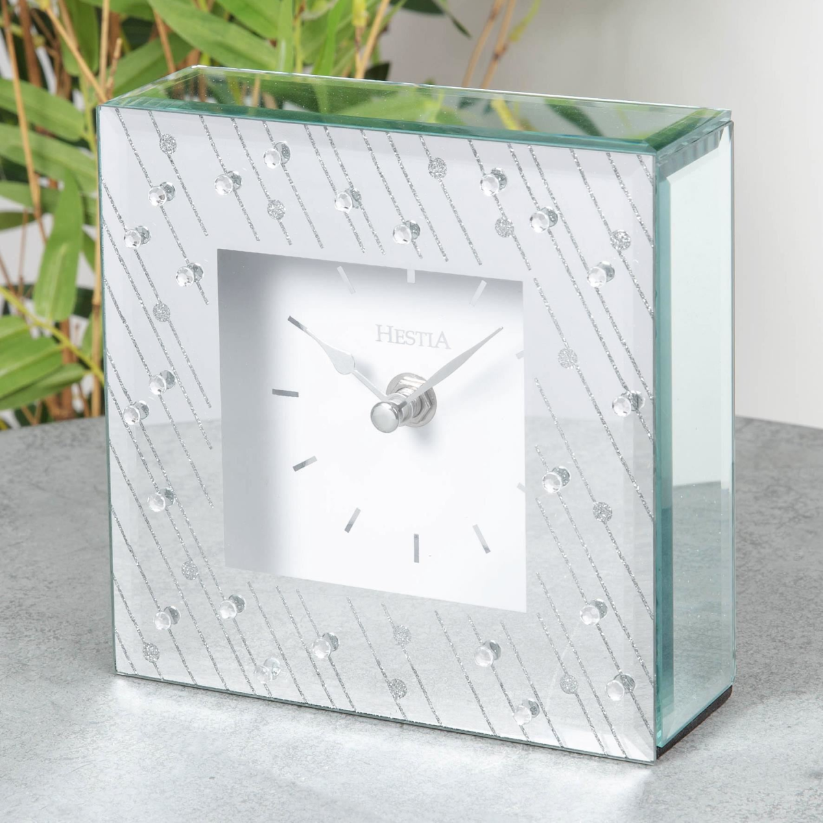 Hestia Mirror Glass Raindrop Design Mantel Clock HE1329CK – Silver Luxe Crystal and Glitter Quartz Clock