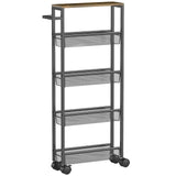HOMCOM Slim 5-Tier Storage Trolley with Wood-Effect Top, 4 Mesh Baskets and Swivel Wheels – Kitchen Cart, Black