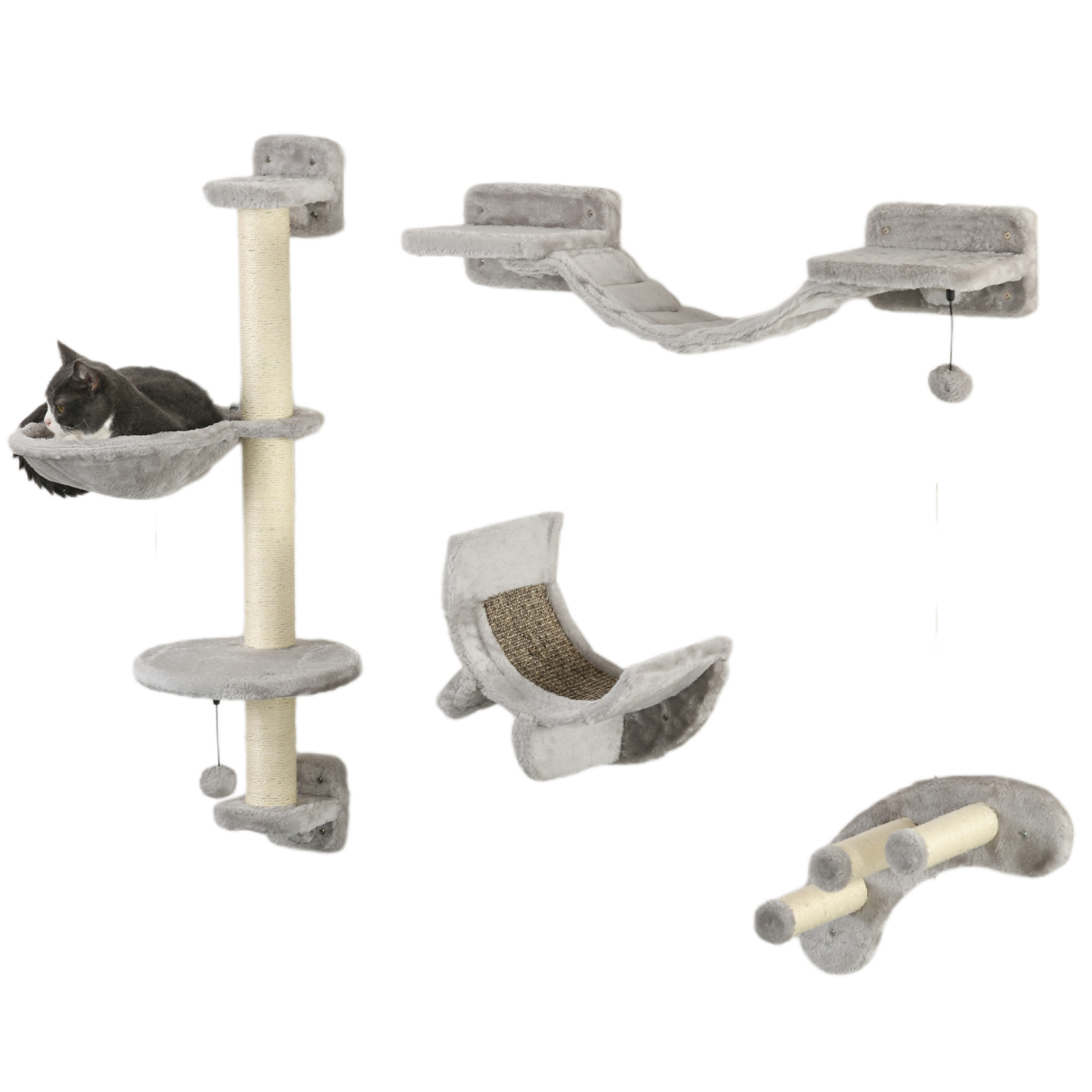 PawHut 4-Piece Wall-Mounted Cat Furniture Set with Hammock, Ladder & Platforms – Cat Climbing Shelves, Grey