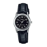 Casio Ladies Analogue Watch – Black Dial, Leather Strap, LTP-V001L-1BUDF