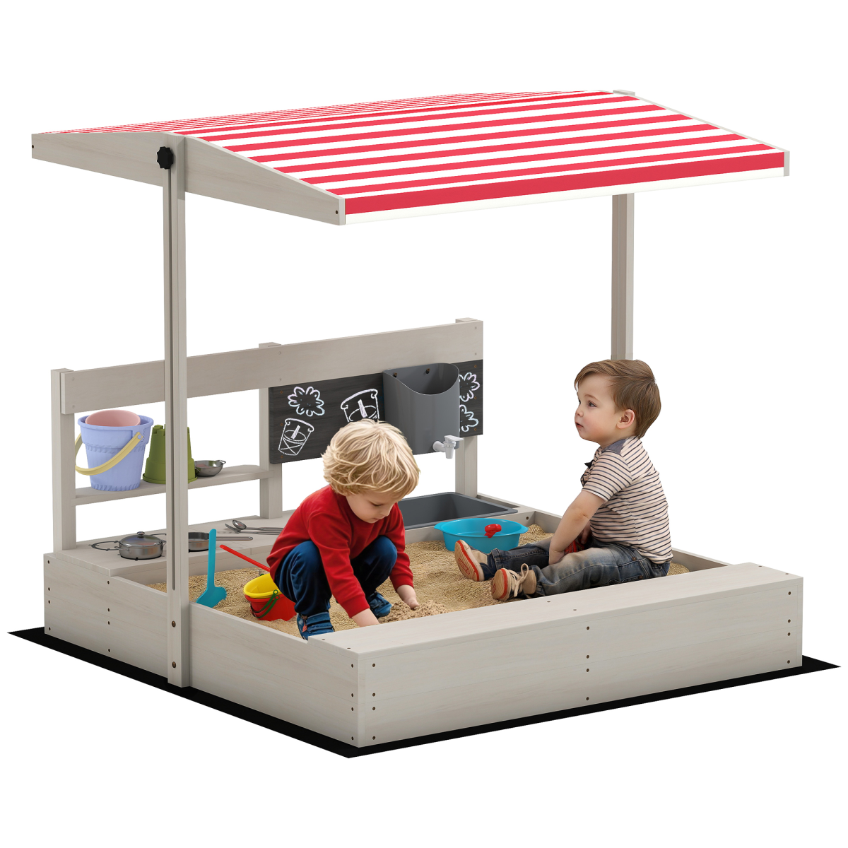 Outsunny Kids Wooden Sandbox with Canopy, Play Kitchen Accessories and Storage Shelf – Outdoor Sandpit