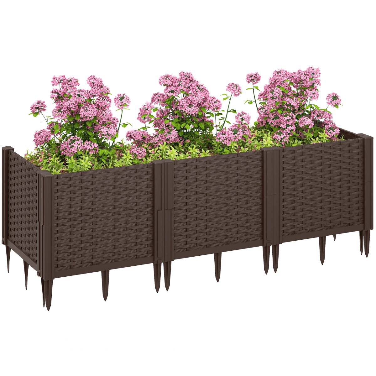 Outsunny Modular Plastic Planter Box Kit – Raised Bed or Garden Fence for Flowers and Herbs, Brown