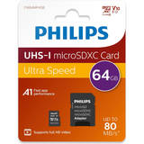 Philips 64GB Micro SDHC Class 10 Memory Card with SD Adapter – Up to 80MB/s Transfer Speed