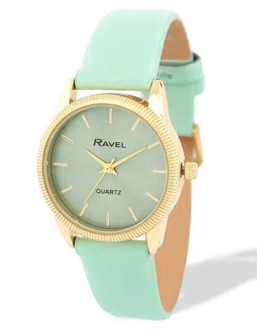 Ravel Ladies Round Gold-Tone Textured Bezel Watch with Green Faux Leather Strap, 27mm