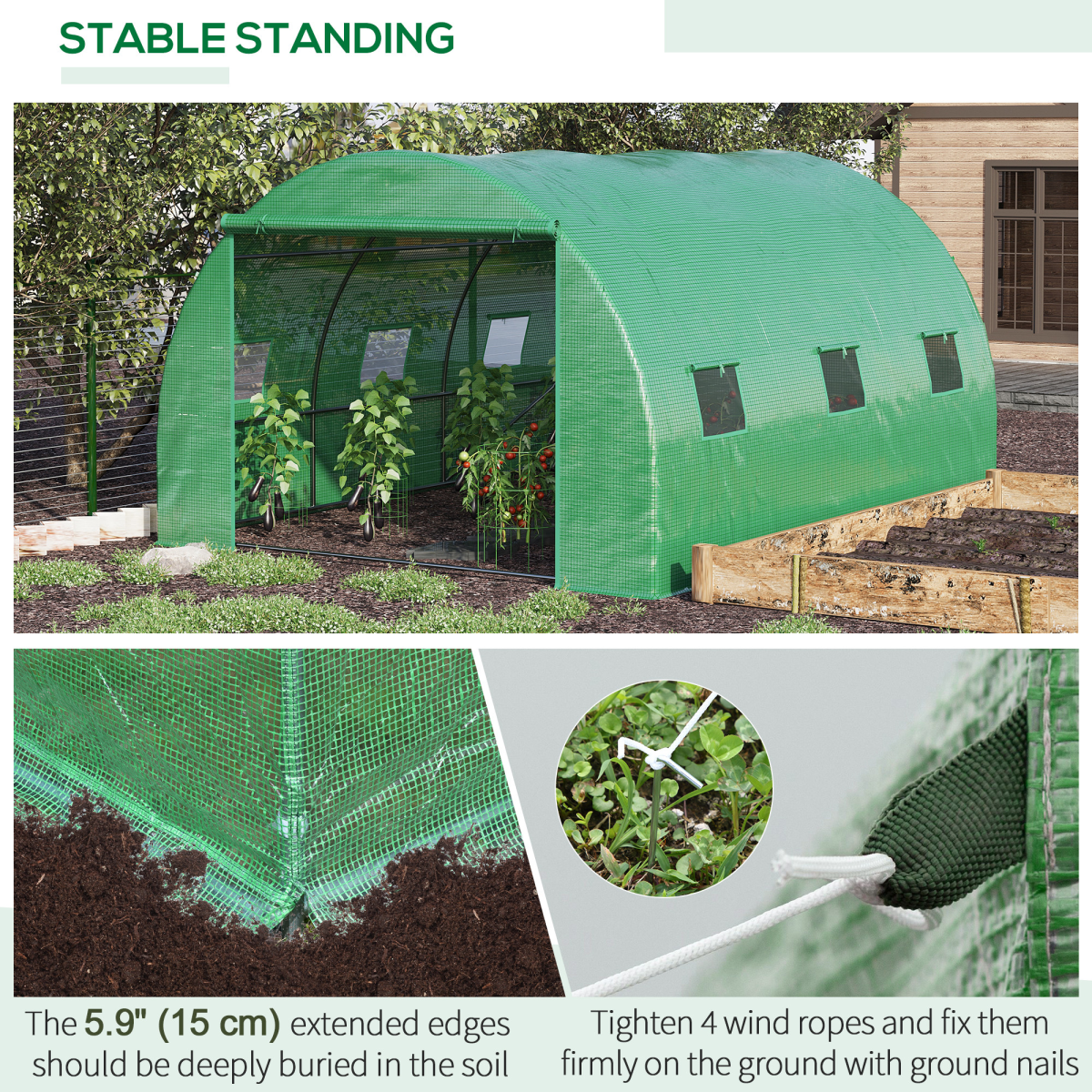 Walk-in Polytunnel Greenhouse with Zipped Door & Roll-up Windows – Galvanised Steel Frame, 300 x 397 x 200cm, Green