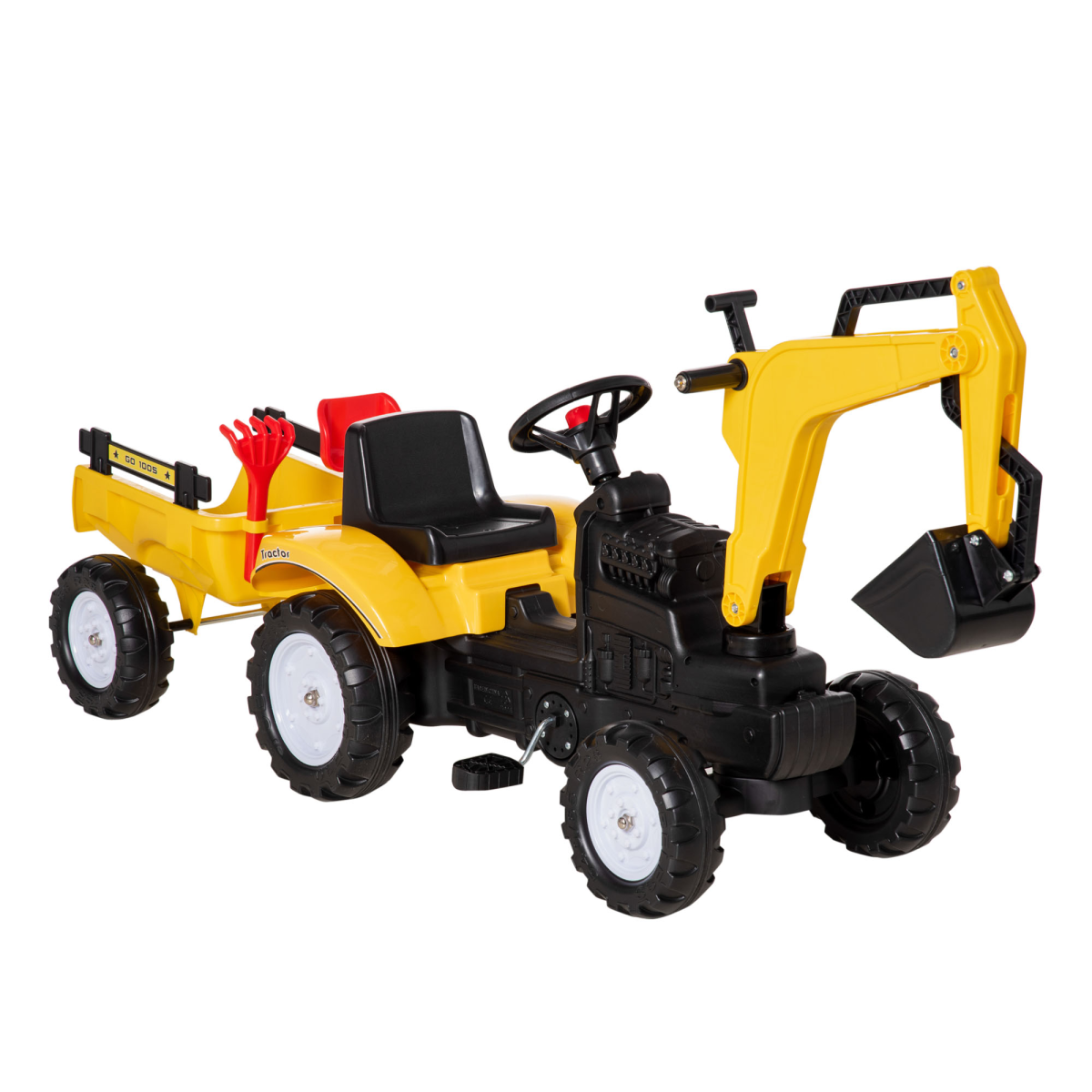 HOMCOM Kids Pedal Digger Ride-On with Horn, Shovel & Detachable Trailer – Construction Toy for 3-6 Years