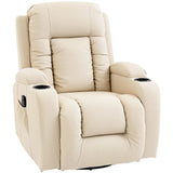 HOMCOM PU Leather Massage Recliner with Extended Footrest, Cup Holders and Side Pockets – Swivel Rocker, Cream