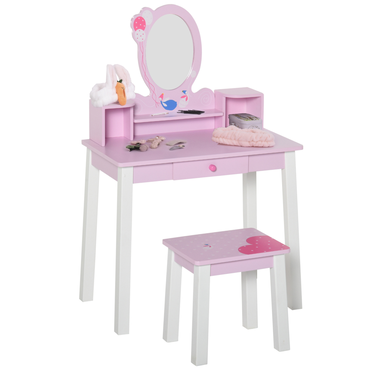HOMCOM Kids Dressing Table and Stool Set with Oval Mirror & Storage Drawer – Make Up Desk, Pink