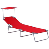 Outsunny Folding Sun Lounger with Sunshade and 4-Level Adjustable Back – Portable Recliner for Camping, Red