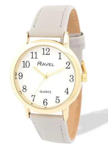 Ravel Ladies Gold-Tone Watch with White Dial and Grey Faux Leather Strap
